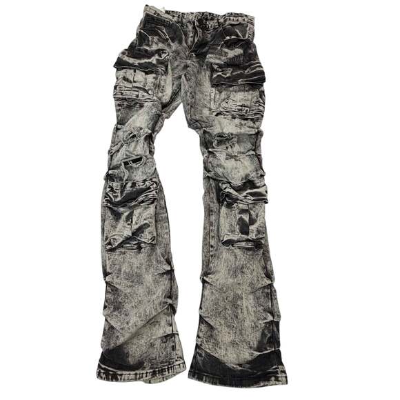 Smoke Rise Other - Smoke Rise Men's Stacked Flare Cargo Denim Jeans in Acid Washed Black